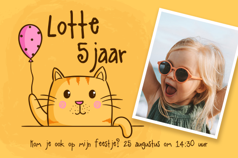 Uitnodiging kinderfeestje met foto en lieve kat