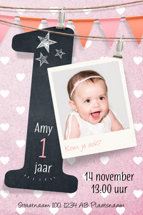 Uitnodiging 1 jaar meisje roze feestje