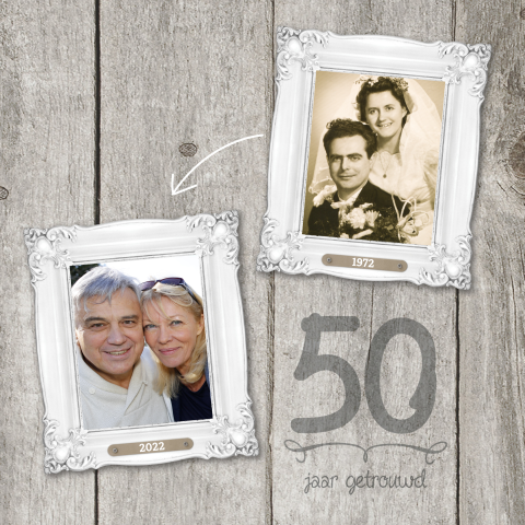 Uitnodiging 50 jaar getrouwd jubileumkaart hout fotos