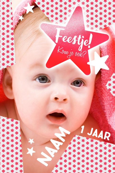 Uitnodiging baby 1 jaar verjaardag sterren rood roze