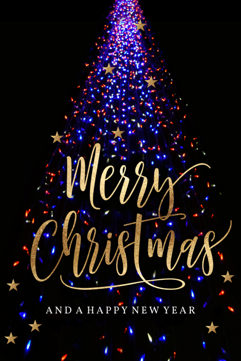 Hippe Kerstkaart Merry Christmas lichtjes kerstboom paars
