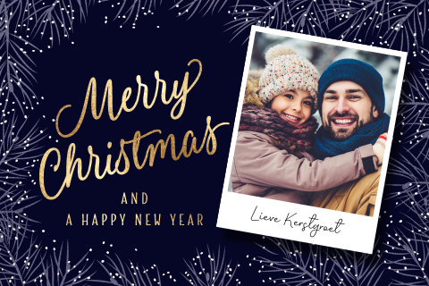 Mooie kerstkaart met foto zelf maken blauw goud