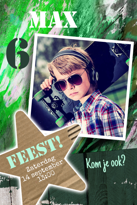 Super stoere uitnodiging kinderfeestje jongen groen