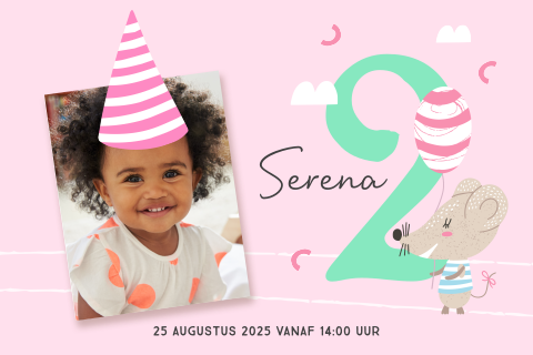 Uitnodigingen kinderfeestje meisje muisje 2 jaar