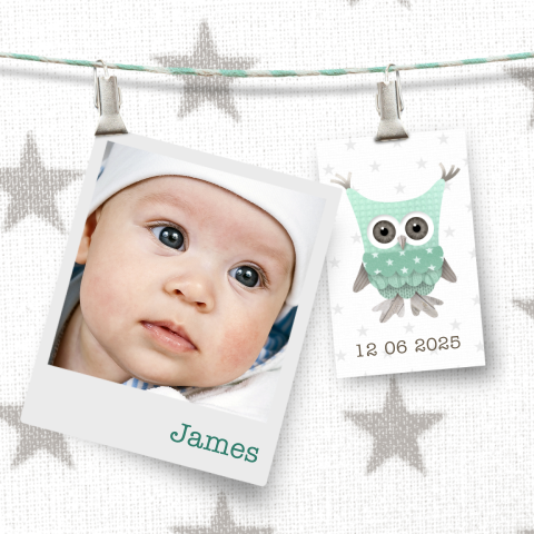 Geboortekaartjes met foto voor een jongen uil mint