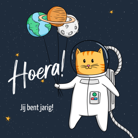 Verjaardagskaart ruimte kat met planeet ballonnen