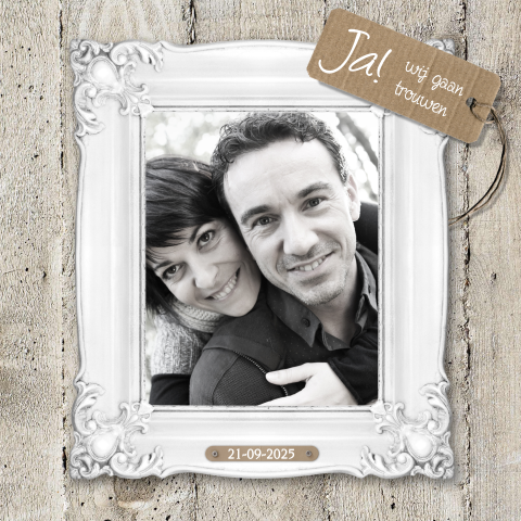 Trouwkaart met foto en steigerhout