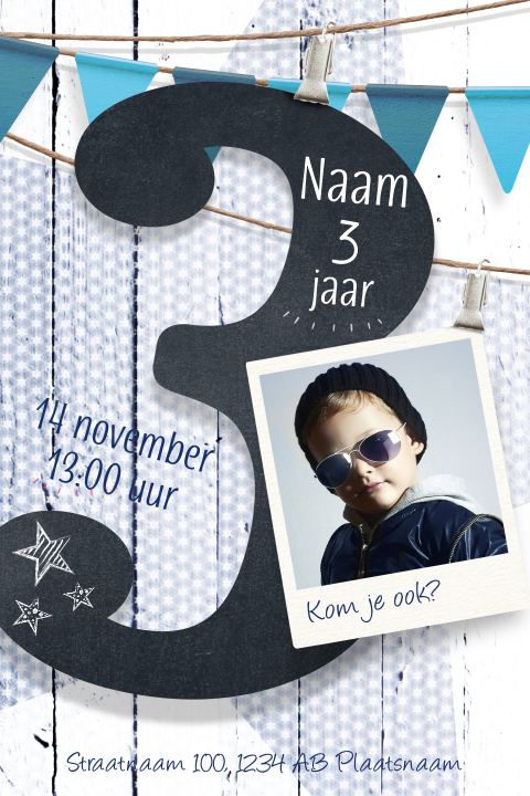 Trendy uitnodiging 3 jaar verjaardagsfeestje jongen