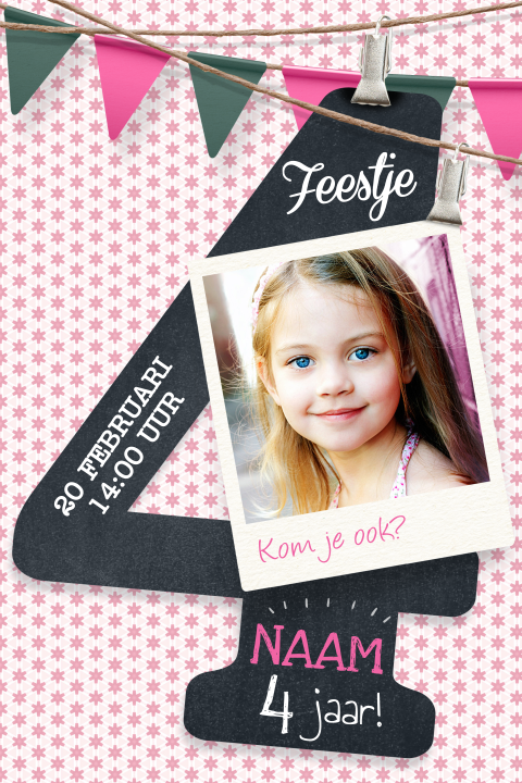 Hippe uitnodiging 4 jaar meisje kinderfeestje