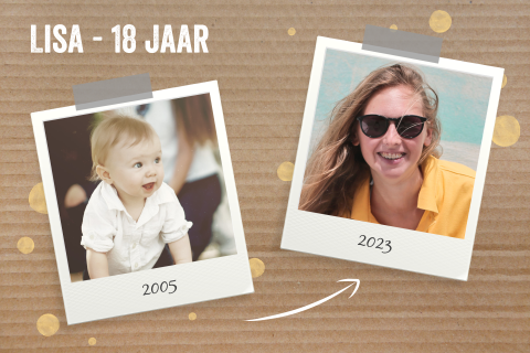 Verjaardag uitnodiging 18 jaar foto toen en nu karton effect