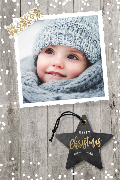 Kerstkaart met foto hout ster