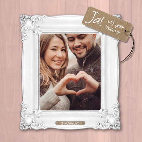 Trouwkaart fotolijst foto label roze hout