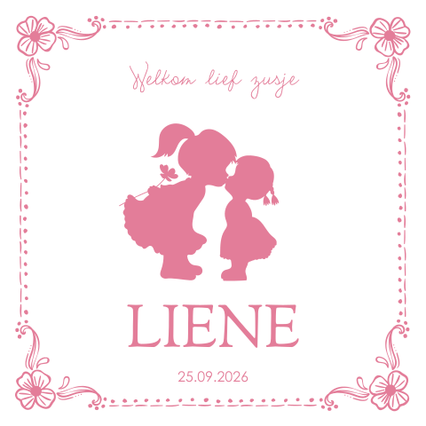 Geboortekaartje grote zus en klein zusje silhouet roze