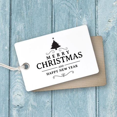 Trendy kerstkaart label blauw hout