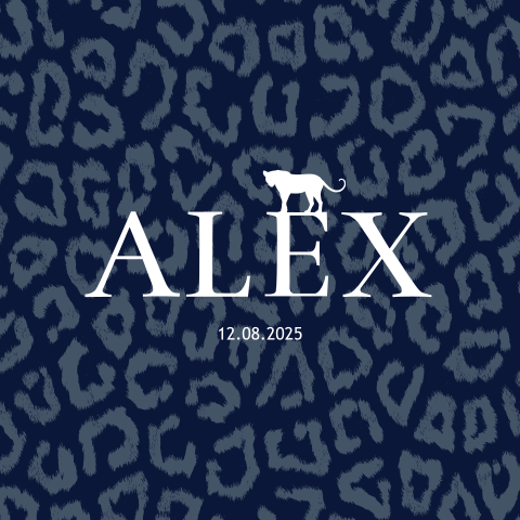 Dierenprint geboortekaartje jongen panther donker blauw