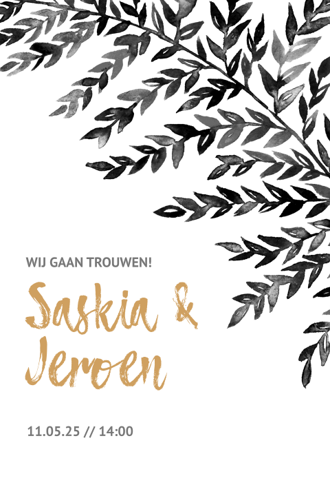 Trouwkaart botanisch waterverf zwart wit