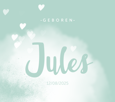 Geboortekaartje hartjes Belgisch vierkant Mintgroen wolken