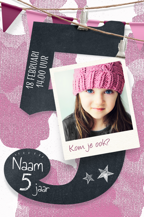 Feestje uitnodiging meisje 5 jaar roze camouflage