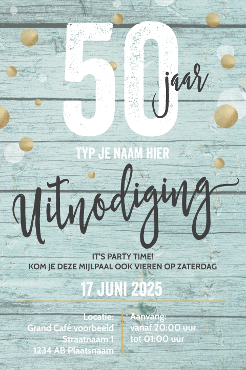 Uitnodiging 50 jaar verjaardag hip mint hout