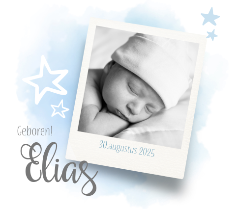 Geboortekaartje foto blauw aquarel Belgisch vierkant