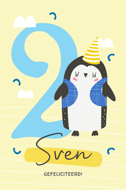 Verjaardagskaart pinguin jaartal aanpasbaar