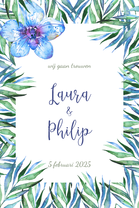 Trouwkaart tropisch waterverf blauw groen
