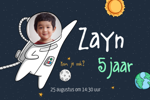 Uitnodiging kinderfeestje jongen ruimtepak met foto