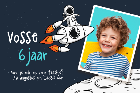 Uitnodigingen kinderfeestje met foto en raket