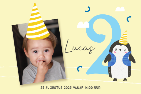 Uitnodigingen kinderfeestje eigen foto jongen 2 jaar pinguïn