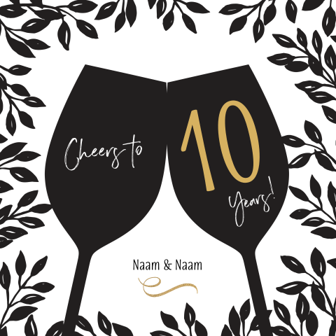 Uitnodiging 10-jarig jubileum silhouette zwart wit cheers