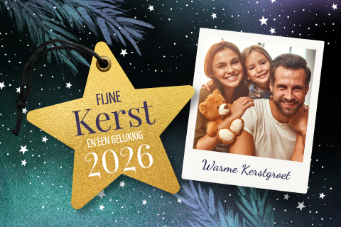 Kerstkaarten met foto gouden ster en sterren nacht