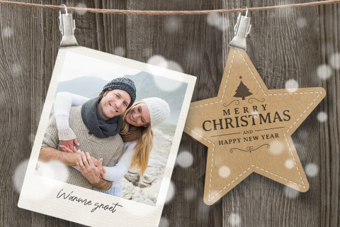 Hippe kerstkaart met foto hout
