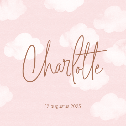 Roze geboortekaartje met witte wolken in aquarel