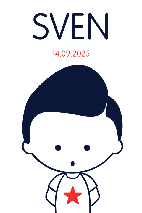 Minimalistisch geboortekaartje illustratie jongen donkerblauw wit