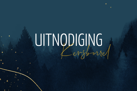 Chique uitnodiging kerstborrel met kerstbomen blauw goud