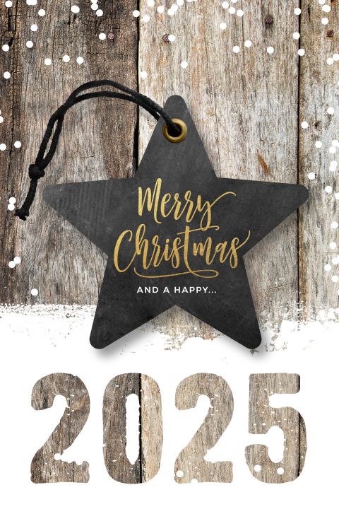 Hippe kerstkaart met nieuwjaar 2025 ster sneeuw hout