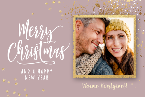 Leuke foto kerstkaarten roze met gouden glitter verf effecten