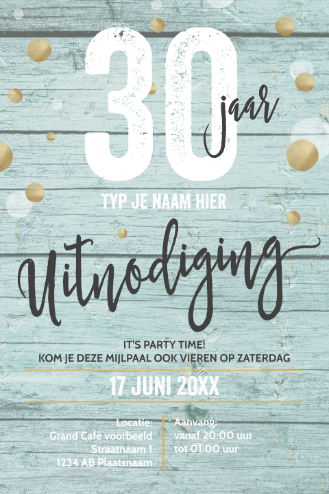 Uitnodiging feestje hip mint hout