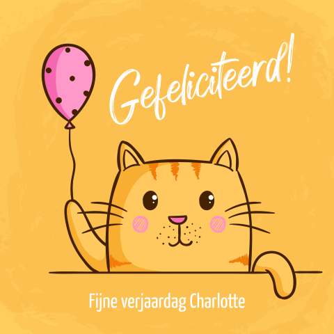 Verjaardagskaart kat met ballon gefeliciteerd