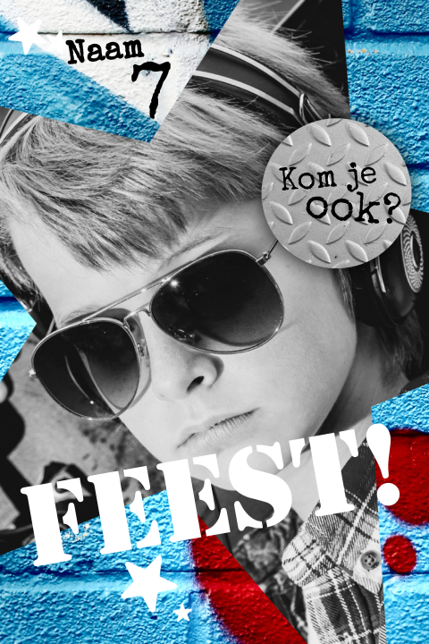 Coole graffiti uitnodigingskaarten kinderfeestje foto blauw jongen