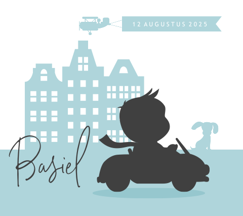 Belgisch vierkant Silhouet geboortekaartje jongetje in een auto