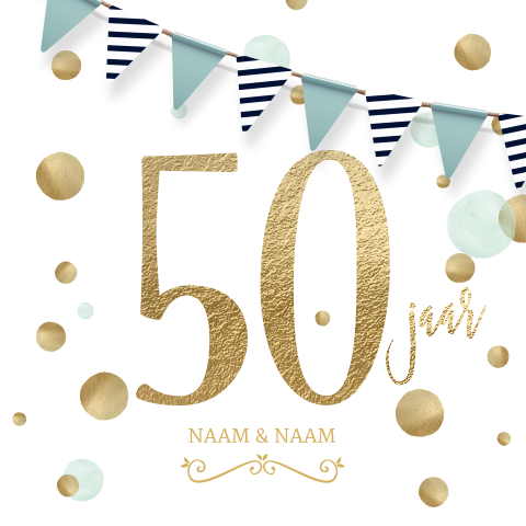 Jubileum uitnodiging 50 jaar feest vlaggetjes goud wit