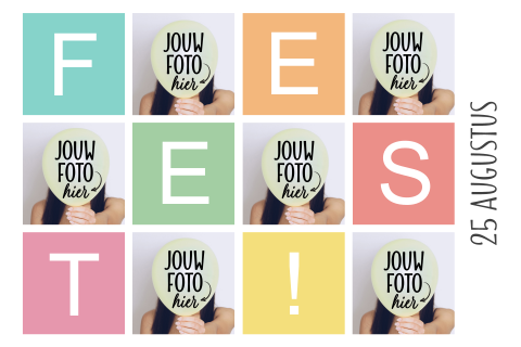 Multicolor feest fotokaart uitnodiging met 6 foto's