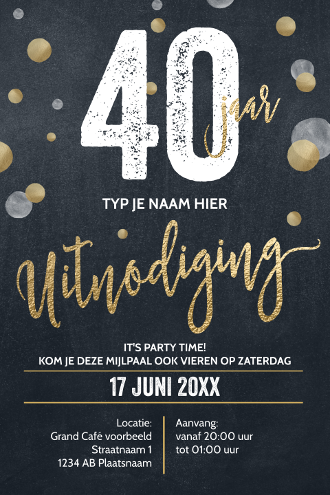 Luxe uitnodigingskaart 40 jaar verjaardag krijtbord goud wit