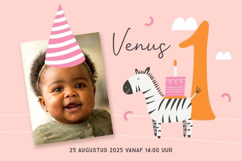 Uitnodiging kinderfeestje meisje zebra 1 jaar leeftijd aanpasbaar