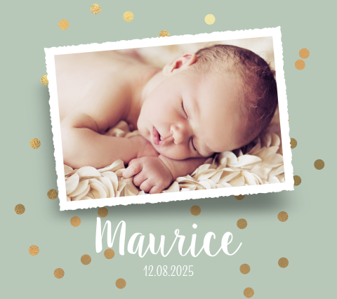 Groen geboortekaartje baby eigen foto Belgisch vierkant