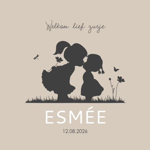 Geboortekaartje zusje silhouet lief kusje