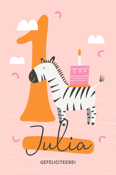 Verjaardagskaart leuke zebra en taartje cijfer aanpasbaar