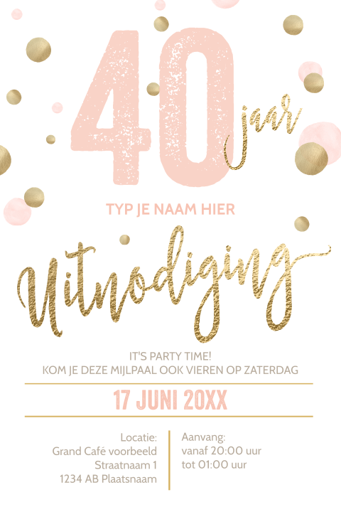 Luxe verjaardagsuitnodiging pastel roze wit en goud