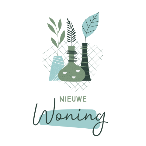 Nieuwe woning kaart felicitatie met vazen planten bladeren